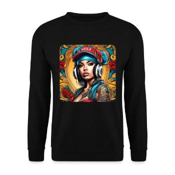Fille cool avec tatouages et écouteurs Rap Hip Hop - Sweat-shirt Unisexe - noir - Devant - Alina (178cm) & Michal (187cm)