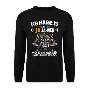 50. Geburtstag 50 Jahre Wikinger Totenkopf Schädel - Unisex Pullover - Schwarz - Vorne - Alina (178cm) & Michal (187cm)