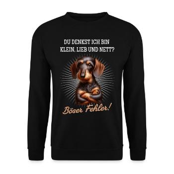 Klein, lieb und nett? Böser Fehler! - Dackel - Unisex Pullover - Schwarz - Vorne - Alina (178cm) & Michal (187cm)