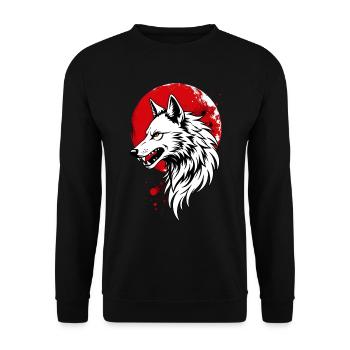 Wolf vor rotem Vollmond - Unisex Pullover - Schwarz - Vorne - Alina (178cm) & Michal (187cm)