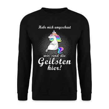 Einhorn die geilsten hier Geschenkidee Spruch - Unisex Pullover - Schwarz - Vorne - Alina (178cm) & Michal (187cm)