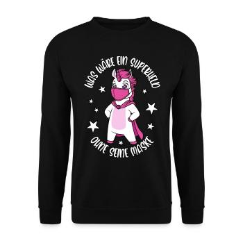 Einhorn Was wäre ein Superheld ohne seine Maske - Unisex Pullover - Schwarz - Vorne - Alina (178cm) & Michal (187cm)