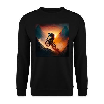 Sonnenuntergang Mountainbiker in den Bergen gemalt - Unisex Pullover - Schwarz - Vorne - Alina (178cm) & Michal (187cm)