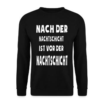 Humorvolles Nachtschicht-Motiv - Unisex Pullover - Schwarz - Vorne - Alina (178cm) & Michal (187cm)