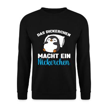 Pinguin Schlafshirt Dickerchen macht Nickerchen - Unisex Pullover - Schwarz - Vorne - Alina (178cm) & Michal (187cm)