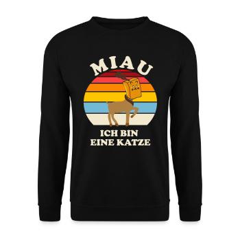 Miau ! Rentier als Katze mit Papiertüte übern Kopf - Unisex Pullover - Schwarz - Vorne - Alina (178cm) & Michal (187cm)