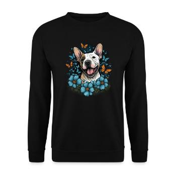 Cheerful Bull Terrier with flowers and butterfly - Unisex Sweatshirt - black - Front - Alina (178cm) & Michal (187cm)