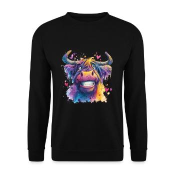 Funky Bunte Kuh in Aquarell - Unisex Pullover - Schwarz - Vorne - Alina (178cm) & Michal (187cm)