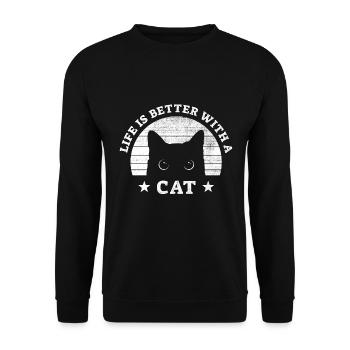 Life is better Cat - Geschenk für Katzenbesitzer - Unisex Pullover - Schwarz - Vorne - Alina (178cm) & Michal (187cm)