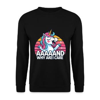 Und warum sollte es mich interessieren? Lustiges sarkastisches Einhorn - Unisex Pullover - Schwarz - Vorne - Alina (178cm) & Michal (187cm)