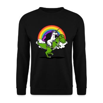 Einhorn Reiten T-Rex Dinosaurier Magischer Regenbogen - Unisex Pullover - Schwarz - Vorne - Alina (178cm) & Michal (187cm)