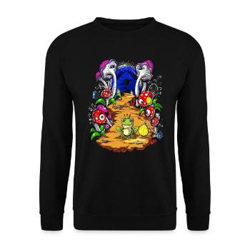 Psychedelischer Pilz-Reisewald der magischen Pilze - Unisex Pullover - Schwarz - Vorne - Alina (178cm) & Michal (187cm)