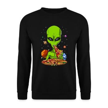 Space Alien Eating Pizza - Unisex Sweatshirt - black - Front - Alina (178cm) & Michal (187cm)