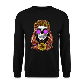 Sonnenblumen Hippie Totenkopf - Unisex Pullover - Schwarz - Vorne - Alina (178cm) & Michal (187cm)