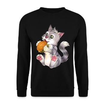 Niedliche essende Katze mit Burger Geschenkidee - Unisex Pullover - Schwarz - Vorne - Alina (178cm) & Michal (187cm)