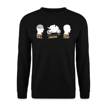 Motorrad - Biker - Kopf voll - Lösung - Unisex Pullover - Schwarz - Vorne - Alina (178cm) & Michal (187cm)