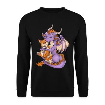 Niedlicher Drache knuddelnd mit Katze Geschenkidee - Unisex Pullover - Schwarz - Vorne - Alina (178cm) & Michal (187cm)