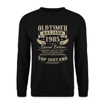 Oldtimer Baujahr 1985 Jahrgang Geburtstag Geschenk - Unisex Pullover - Schwarz - Vorne - Alina (178cm) & Michal (187cm)