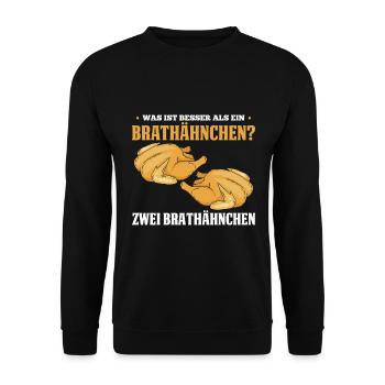 Was ist besser als ein Brathähnchen? Zwei Brathähn - Unisex Pullover - Schwarz - Vorne - Alina (178cm) & Michal (187cm)