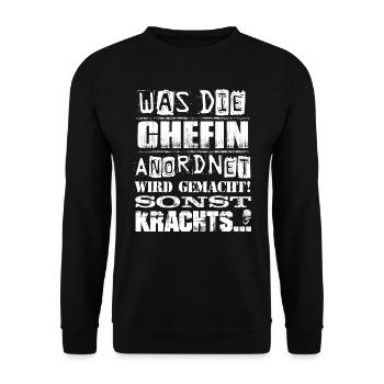 Beruf - Was die Chefin anordnet, wird gemacht - Unisex Pullover - Schwarz - Vorne - Alina (178cm) & Michal (187cm)