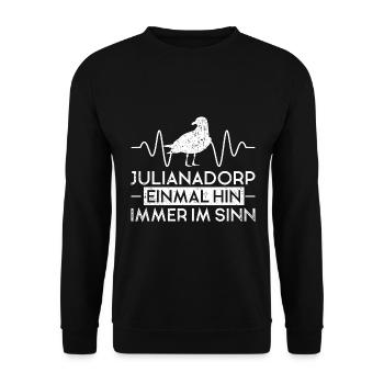 Julianadorp Möwe Herzschlag Urlaub Spruch - Unisex Pullover - Schwarz - Vorne - Alina (178cm) & Michal (187cm)