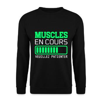 MUSCLES EN COURS idée cadeau humour - Sweat-shirt Unisexe - noir - Devant - Alina (178cm) & Michal (187cm)