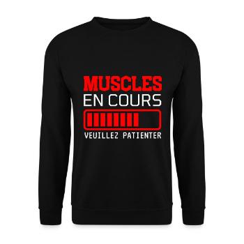 MUSCLES EN COURS DE FABRICATION idée cadeau humour - Sweat-shirt Unisexe - noir - Devant - Alina (178cm) & Michal (187cm)