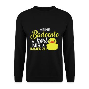 Meine Badeente hört mir immer zu Gummiente - Unisex Pullover - Schwarz - Vorne - Alina (178cm) & Michal (187cm)