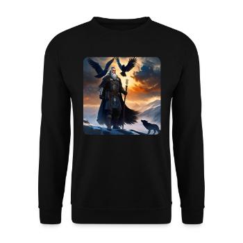 Viking Odin with raven Hugin and Munin and Wolf - Unisex Sweatshirt - black - Front - Alina (178cm) & Michal (187cm)