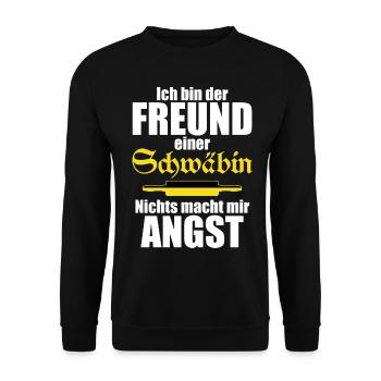 Ich bin der Freund einer Schwäbin Lustiger Spruch - Unisex Pullover - Schwarz - Vorne - Alina (178cm) & Michal (187cm)