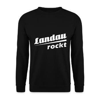 Landau rockt - Textdesign mit Stadtnamen - Unisex Pullover - Schwarz - Vorne - Alina (178cm) & Michal (187cm)