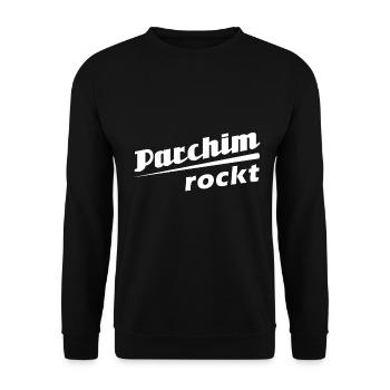 Parchim rockt - Textdesign mit Stadtnamen - Unisex Pullover - Schwarz - Vorne - Alina (178cm) & Michal (187cm)