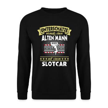 Slotcars Slotcar Sprüche unterschätze Slotracing - Unisex Pullover - Schwarz - Vorne - Alina (178cm) & Michal (187cm)