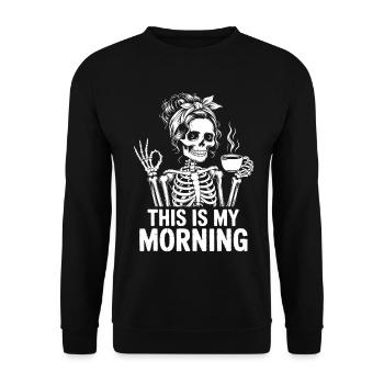 Skelett mit Kaffee Morgenritual - Unisex Pullover - Schwarz - Vorne - Alina (178cm) & Michal (187cm)