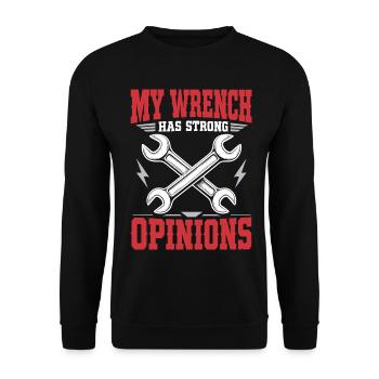 Schrauberhumor – My Wrench Has Strong Opinions - Unisex Pullover - Schwarz - Vorne - Alina (178cm) & Michal (187cm)