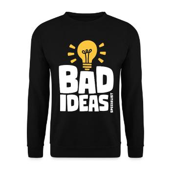 Bad Ideas Specialist – Glühbirne mit Selbstironie - Unisex Pullover - Schwarz - Vorne - Alina (178cm) & Michal (187cm)