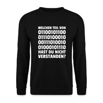 Welchen Teil Von 01100101100 01110100010 001110100 - Unisex Pullover - Schwarz - Vorne - Alina (178cm) & Michal (187cm)