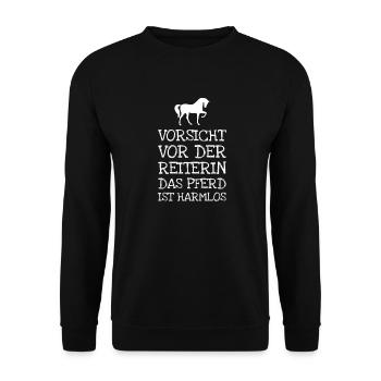 Vorsicht Vor Der Reiterin Das Pferd Ist Harmlos - Unisex Pullover - Schwarz - Vorne - Alina (178cm) & Michal (187cm)