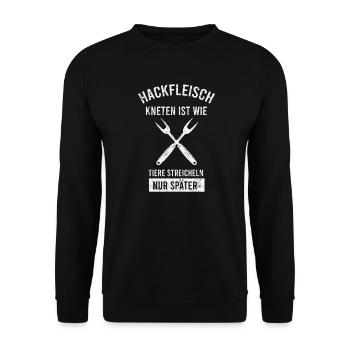 Hackfleisch kneten ist wie Tiere streicheln - Unisex Pullover - Schwarz - Vorne - Alina (178cm) & Michal (187cm)
