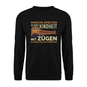 Manche spielten in Ihrer Kindheit mit Zügen - Unisex Pullover - Schwarz - Vorne - Alina (178cm) & Michal (187cm)