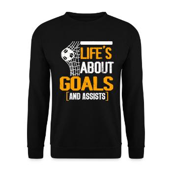 Im Leben geht es um Tore und Vorlagen Futbol Fußball - Unisex Pullover - Schwarz - Vorne - Alina (178cm) & Michal (187cm)