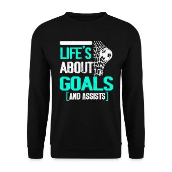 Im Leben geht es um Tore und Vorlagen Futbol Fußball - Unisex Pullover - Schwarz - Vorne - Alina (178cm) & Michal (187cm)