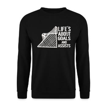 Im Leben geht es um Tore und Vorlagen Futbol Fußball - Unisex Pullover - Schwarz - Vorne - Alina (178cm) & Michal (187cm)