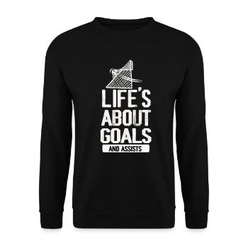Im Leben geht es um Tore und Vorlagen Futbol Fußball - Unisex Pullover - Schwarz - Vorne - Alina (178cm) & Michal (187cm)