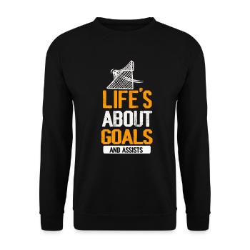 Im Leben geht es um Tore und Vorlagen Futbol Fußball - Unisex Pullover - Schwarz - Vorne - Alina (178cm) & Michal (187cm)