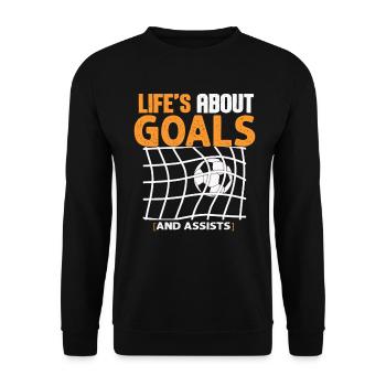 Im Leben geht es um Tore und Vorlagen Futbol Fußball - Unisex Pullover - Schwarz - Vorne - Alina (178cm) & Michal (187cm)