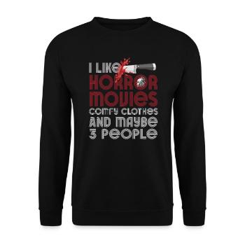 Ich mag Horrorfilme bequeme Kleidung - Unisex Pullover - Schwarz - Vorne - Alina (178cm) & Michal (187cm)