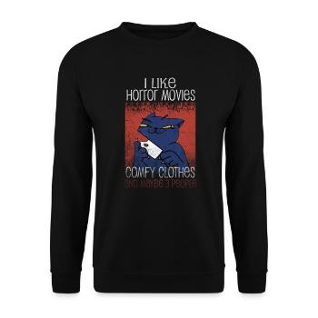 Ich mag Horrorfilme bequeme Kleidung - Unisex Pullover - Schwarz - Vorne - Alina (178cm) & Michal (187cm)