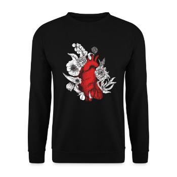 Anatomisches Herz und Blumen - Unisex Pullover - Schwarz - Vorne - Alina (178cm) & Michal (187cm)
