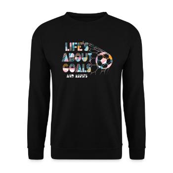 Im Leben geht es um Tore und Vorlagen Futbol Soccer - Unisex Pullover - Schwarz - Vorne - Alina (178cm) & Michal (187cm)